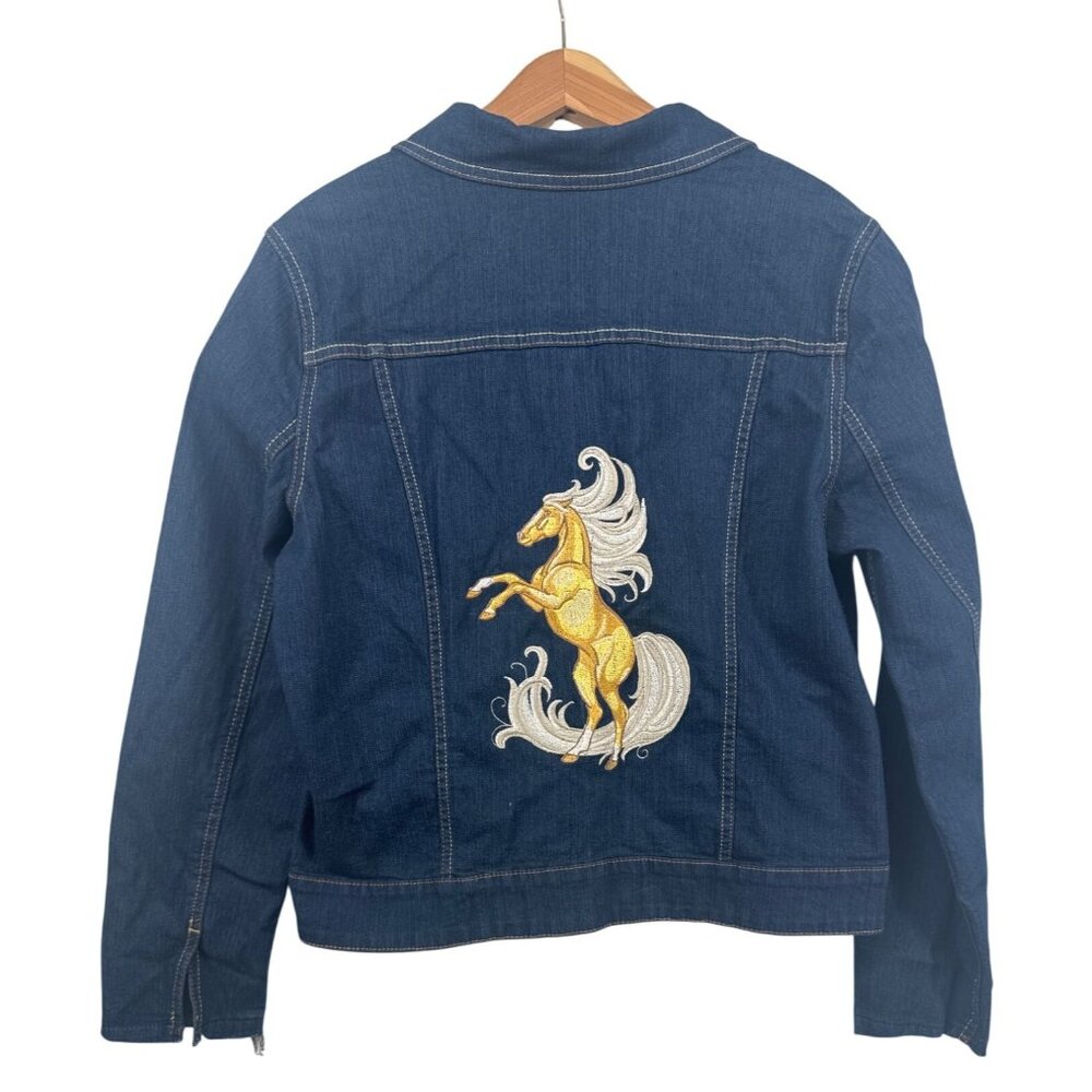 Upcycled Women Jacket M Denim Trucker Blue Embroidered Horse Artsy OOAK Art2Wear